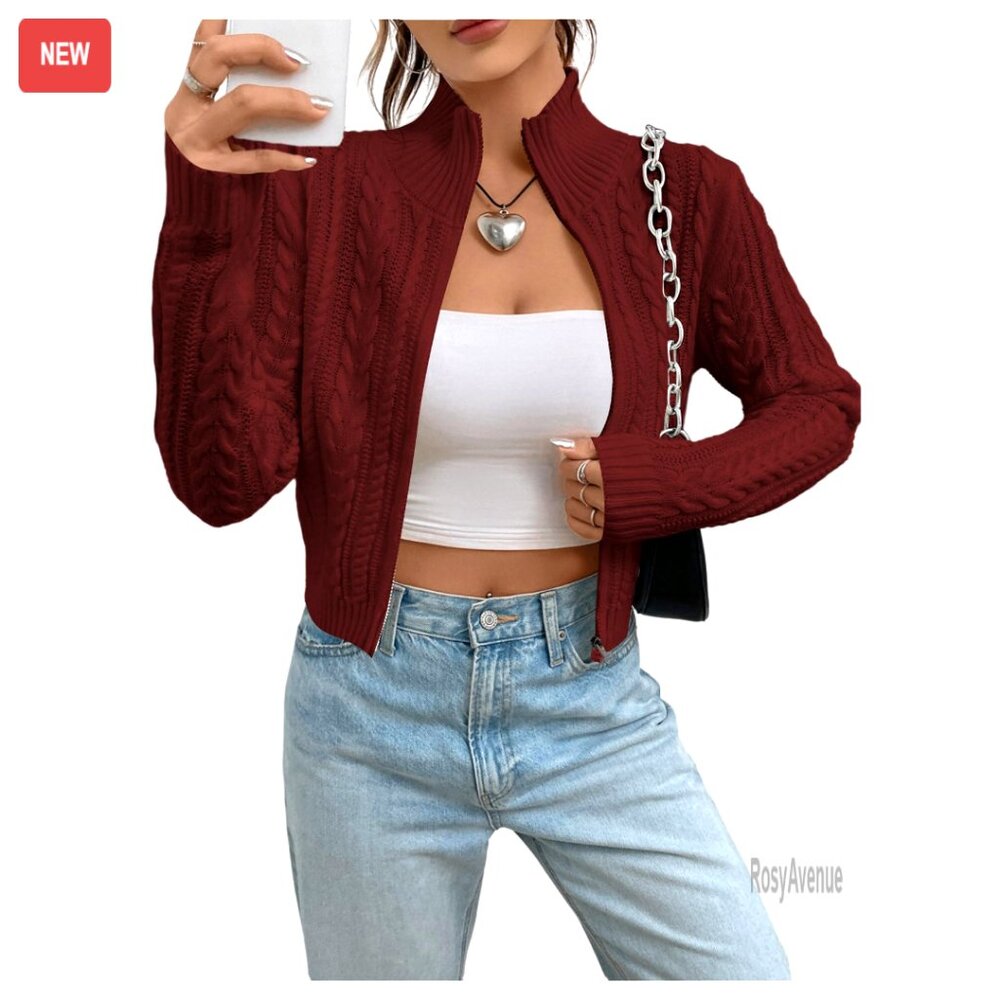 Cable Knit Cropped Cardigan Y2K Zipper Sweater Long Sleeve Fall Jacket